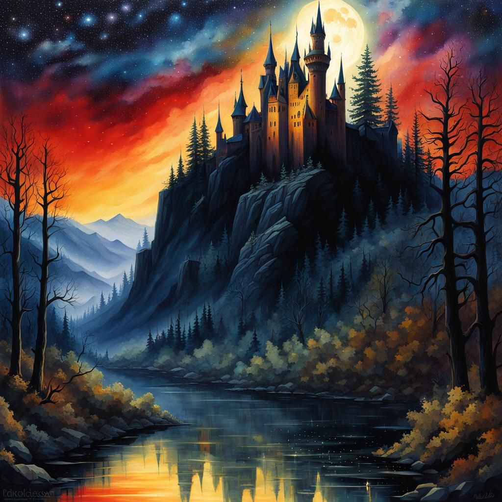 Gothic Castle Forest in Watercolor Illustration