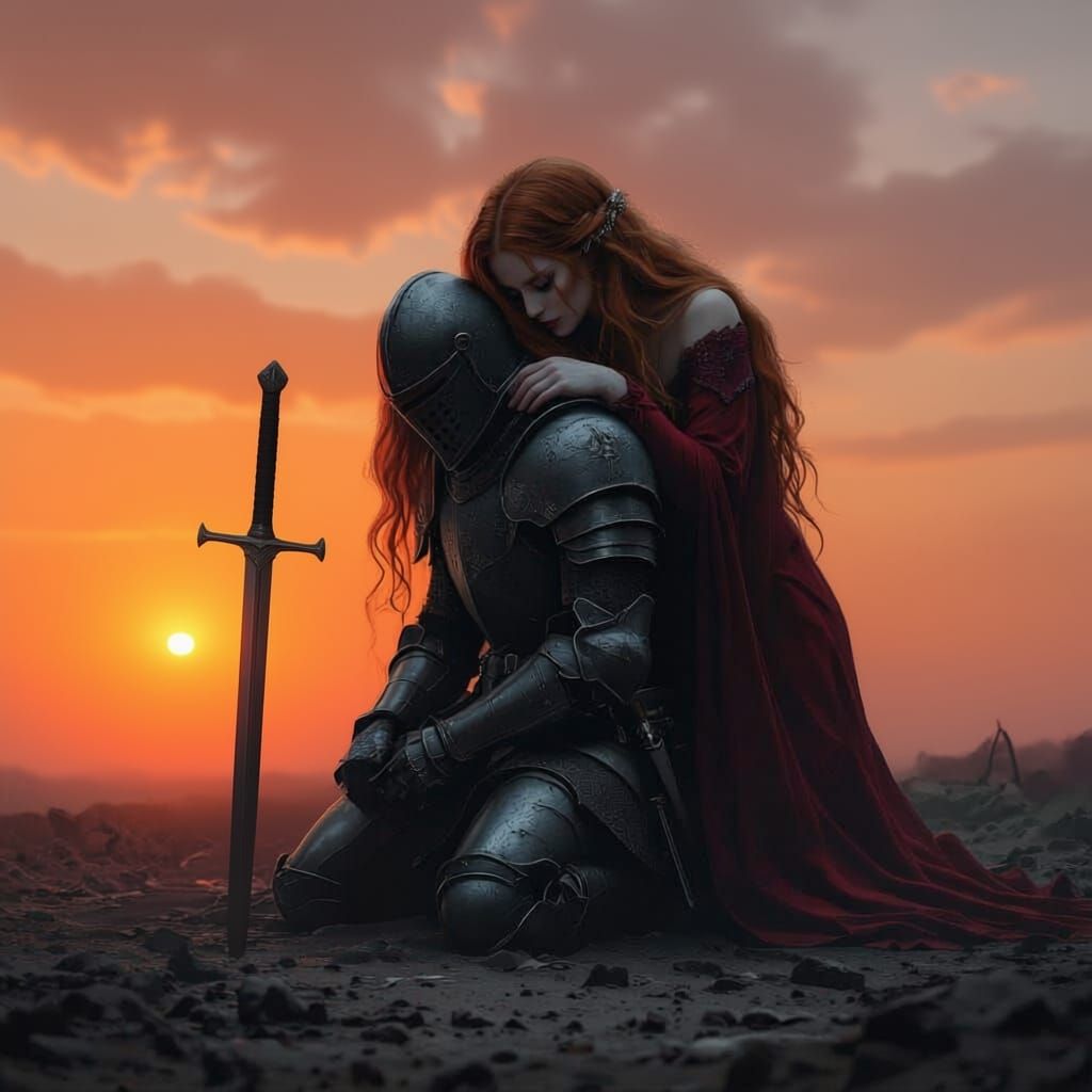 Knight's Defeat: Ethereal Woman's Embrace in Moody Matte Pai...