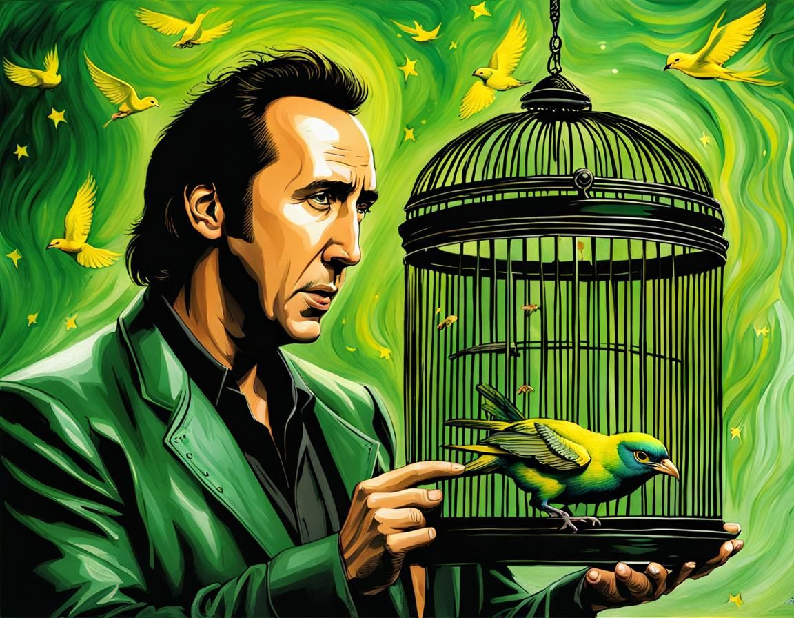 Nicolas Cage and Bird: Intricate Ink and Airbrush Art