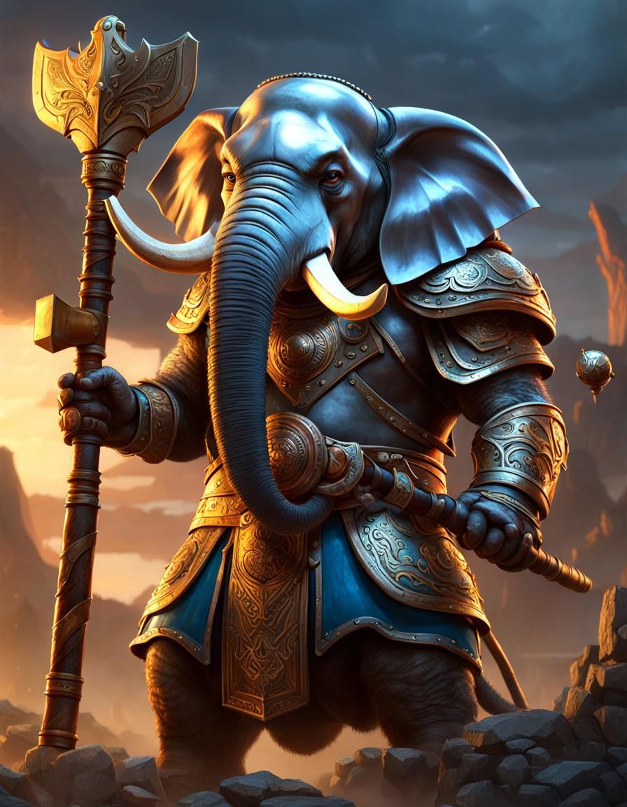 Armored Elephant Warrior with Sledgehammer
