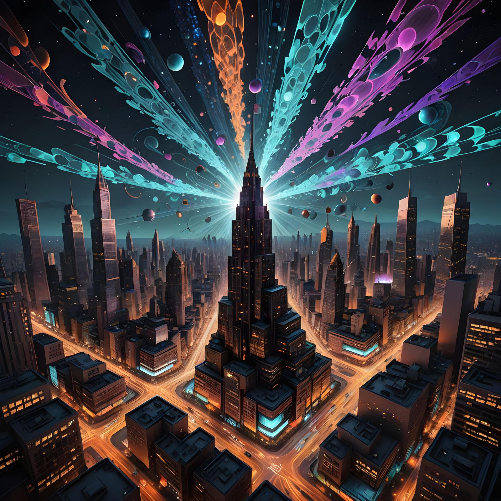 Vibrant Cosmic Landscape in Mixed Media Style