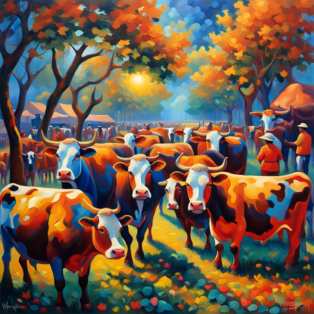 Festival of Cows: A Neo-Impressionistic Oil Painting