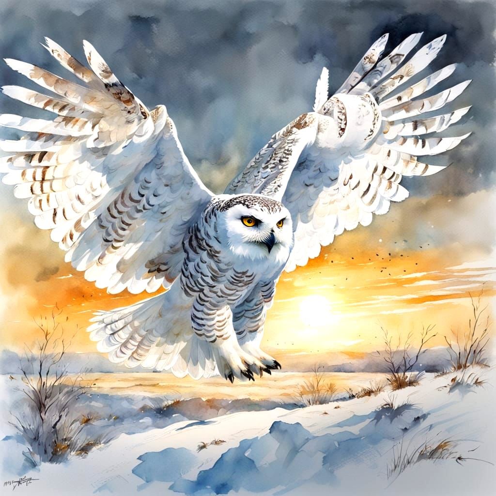 Snowy Owl Soaring Over Arctic Tundra Watercolor