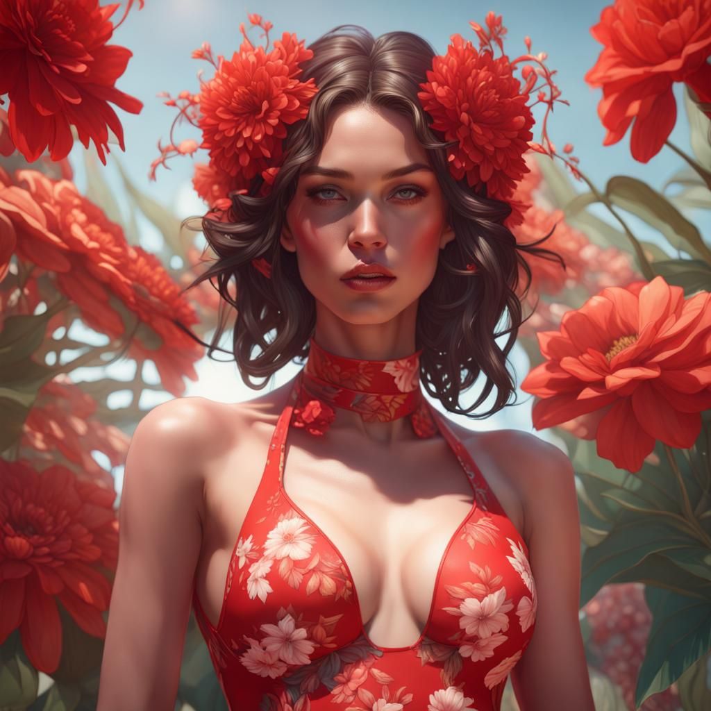 Red Floral Bathing Suit Fashion Show Portrait