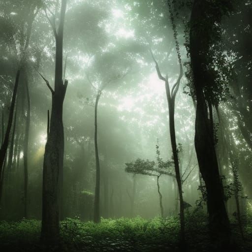 Angelic Figure in Fog-Shrouded Tropical Forest