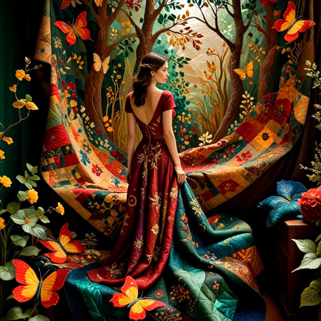 Luxurious Patchwork Quilt in 3D with Diamonds and Precious S...