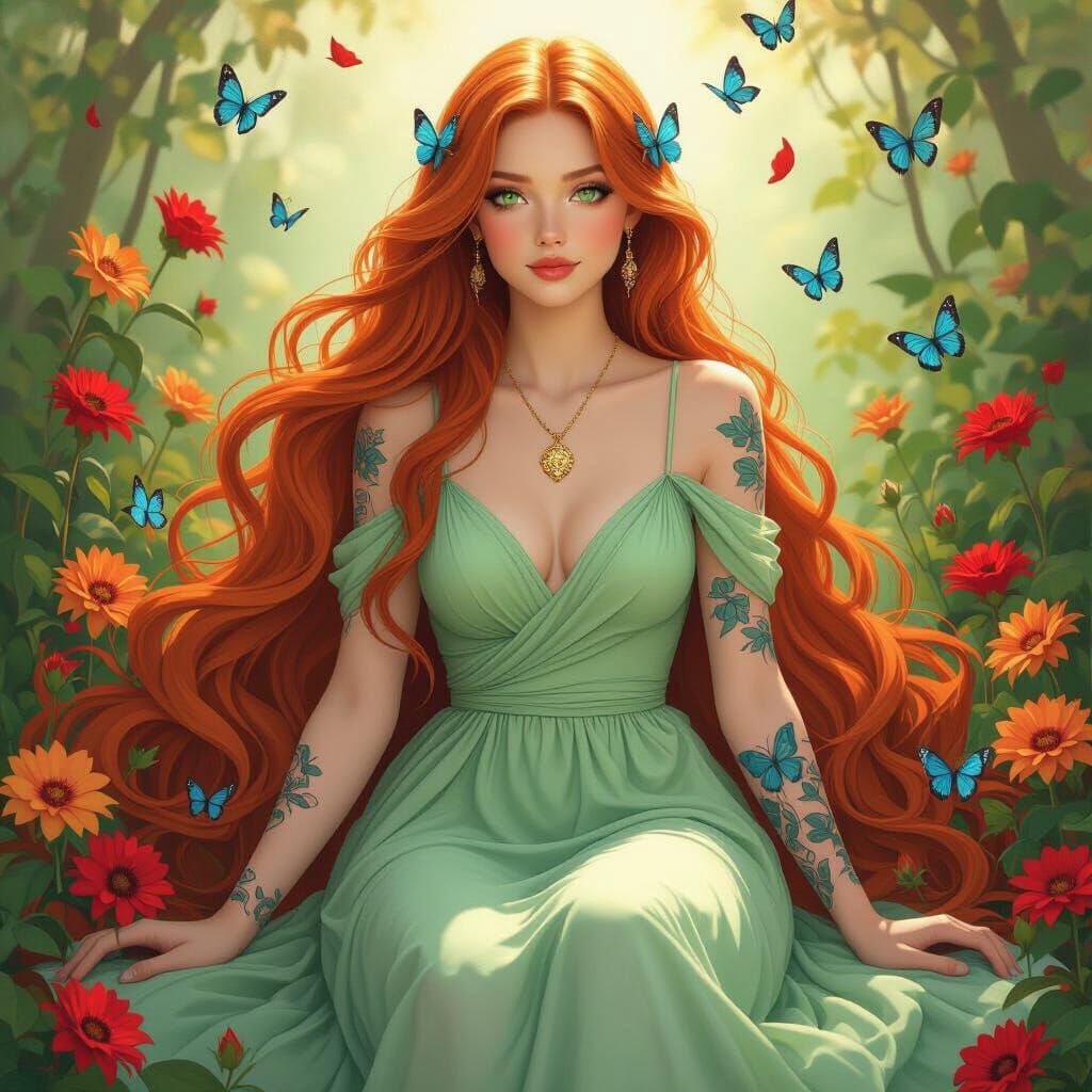 Woman with Flowing Hair and Butterflies in Art Nouveau Style