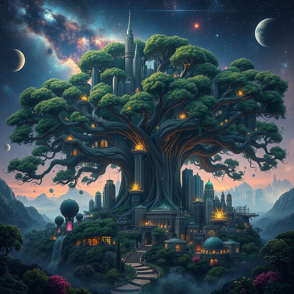 Ancient Tree Supports Enchanted Metropolis Amidst Glittering...