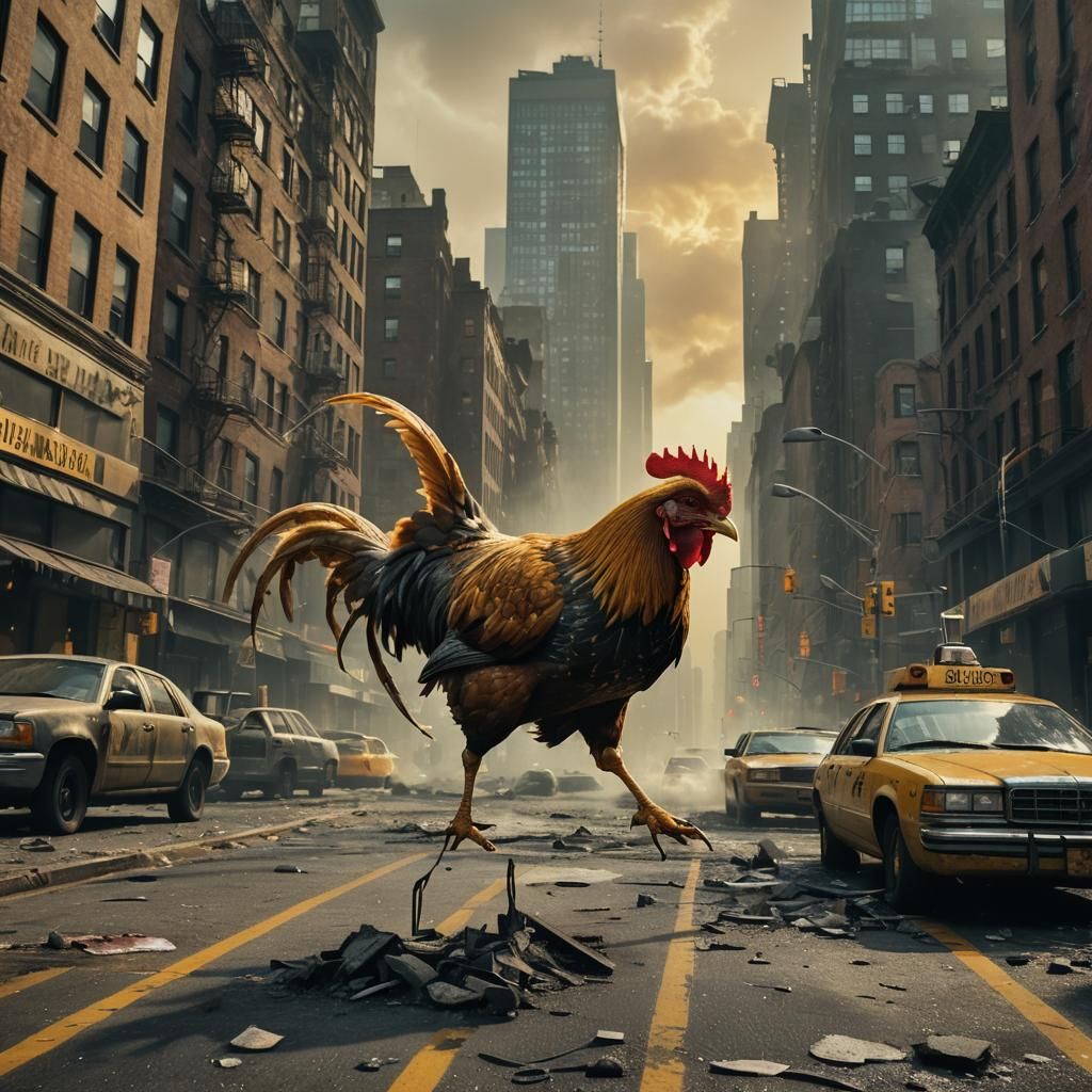 Muscular Chicken Amidst Ruined New York: Cinematic Still