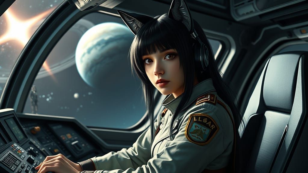 Girl in Starship Cockpit with Cat Ears, Surrounded by Celest...