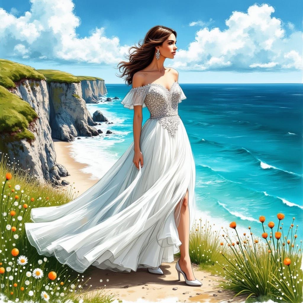 Woman at Edge of Turquoise Sea in Expressive Sketch Style