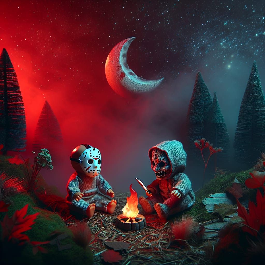 Eerie Forest Campfire Scene with Masked Baby Figures