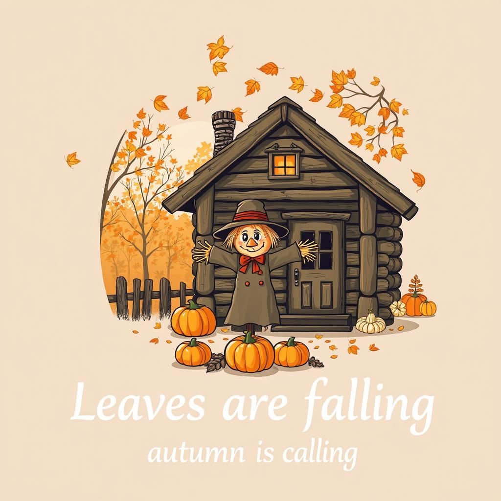 Minimalist Autumn Cabin Scene with Scarecrow