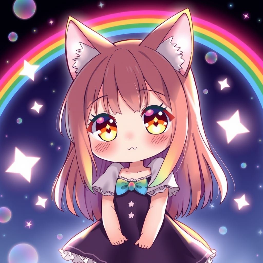 Chibi Catgirl Smiles Under Rainbow Sky
