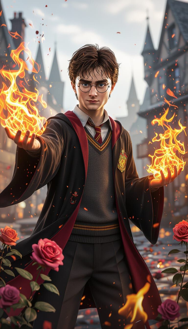 Harry Potter Surrounded by Flaming Roses, Graffiti Art