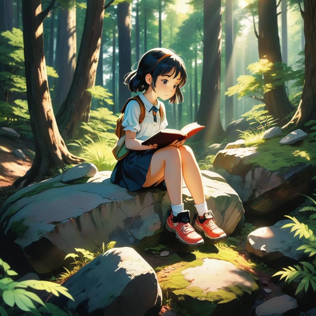 Girl Reading in Forest: Manga Anime Illustration