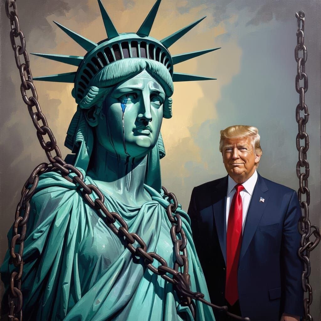 Statue of Liberty in Chains, Trump Watches with Satisfaction