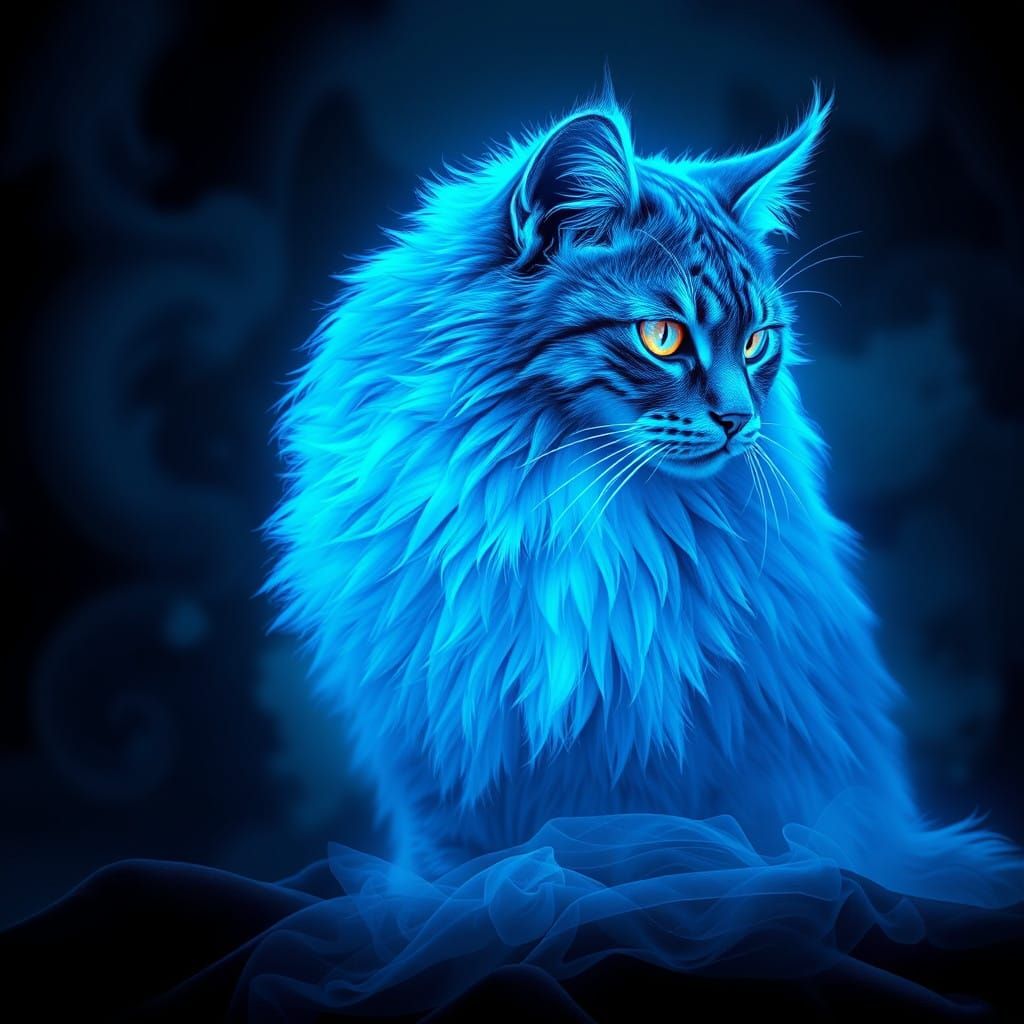 Ethereal Cat in Neon Glow Cyberpunk Art
