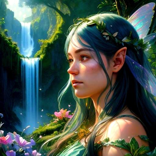 Detailed Fairy Portrait near Waterfall, Fantasy Art
