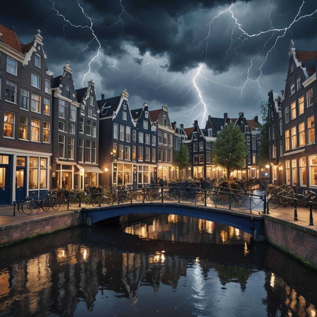 Amsterdam Canal Storm in Delft Blue