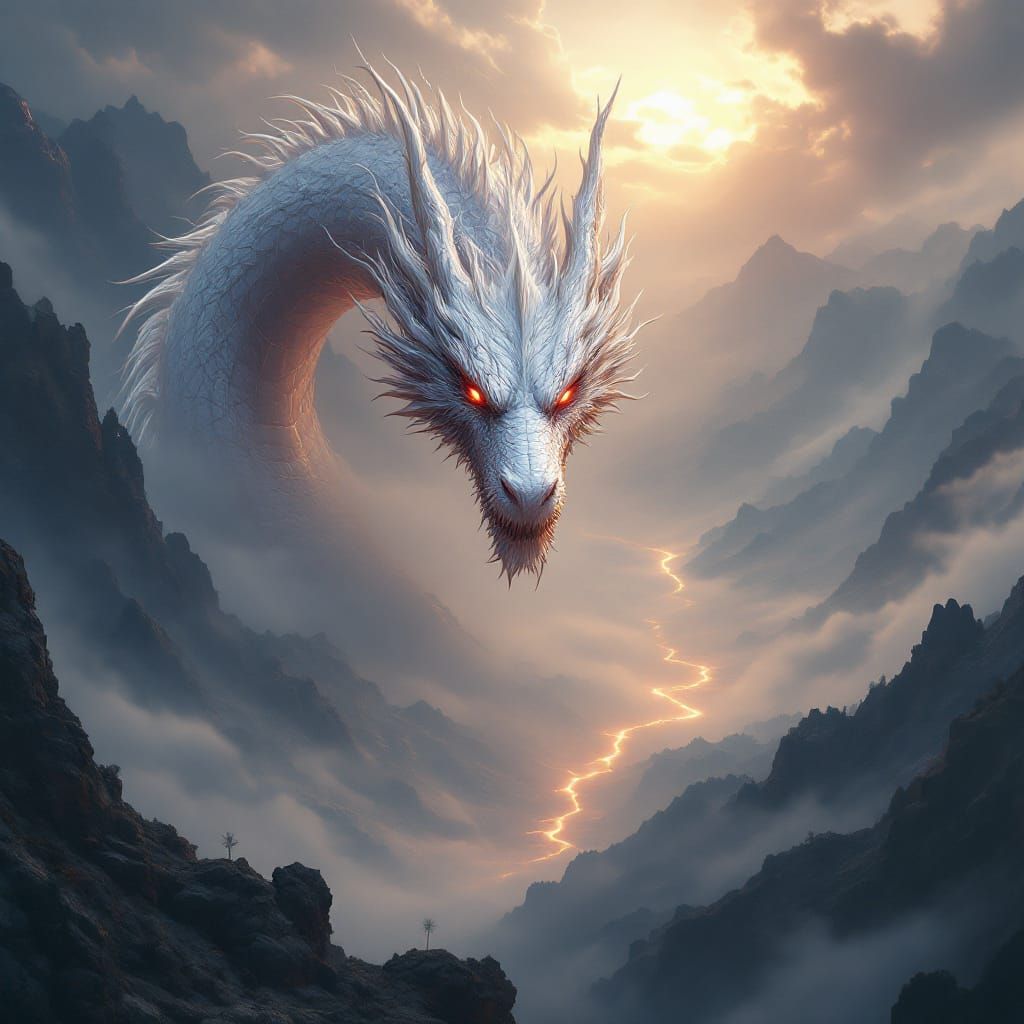 mythical white dragon with red eyes looking into abyss , majestic background; cinematic effect; high resolution; realist...