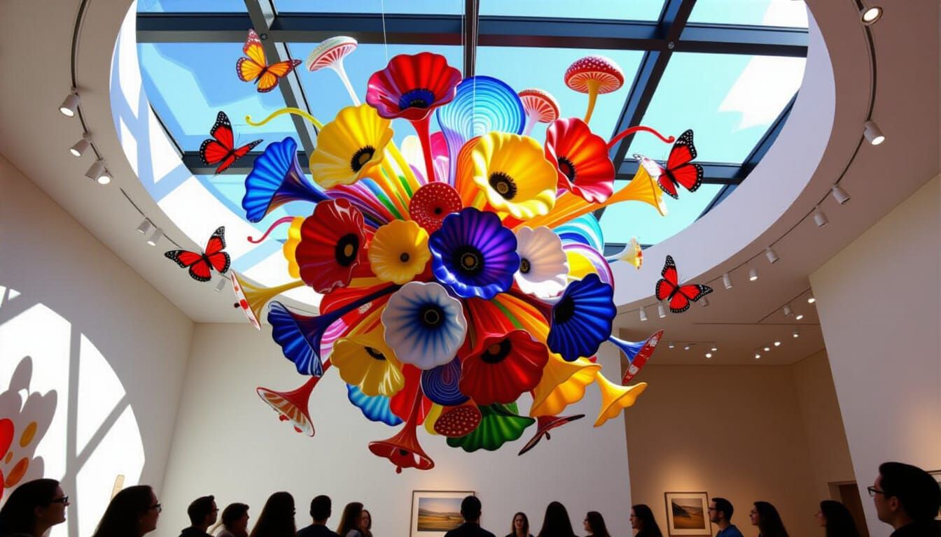 Blown Glass Sculpture with Flowers and Butterflies