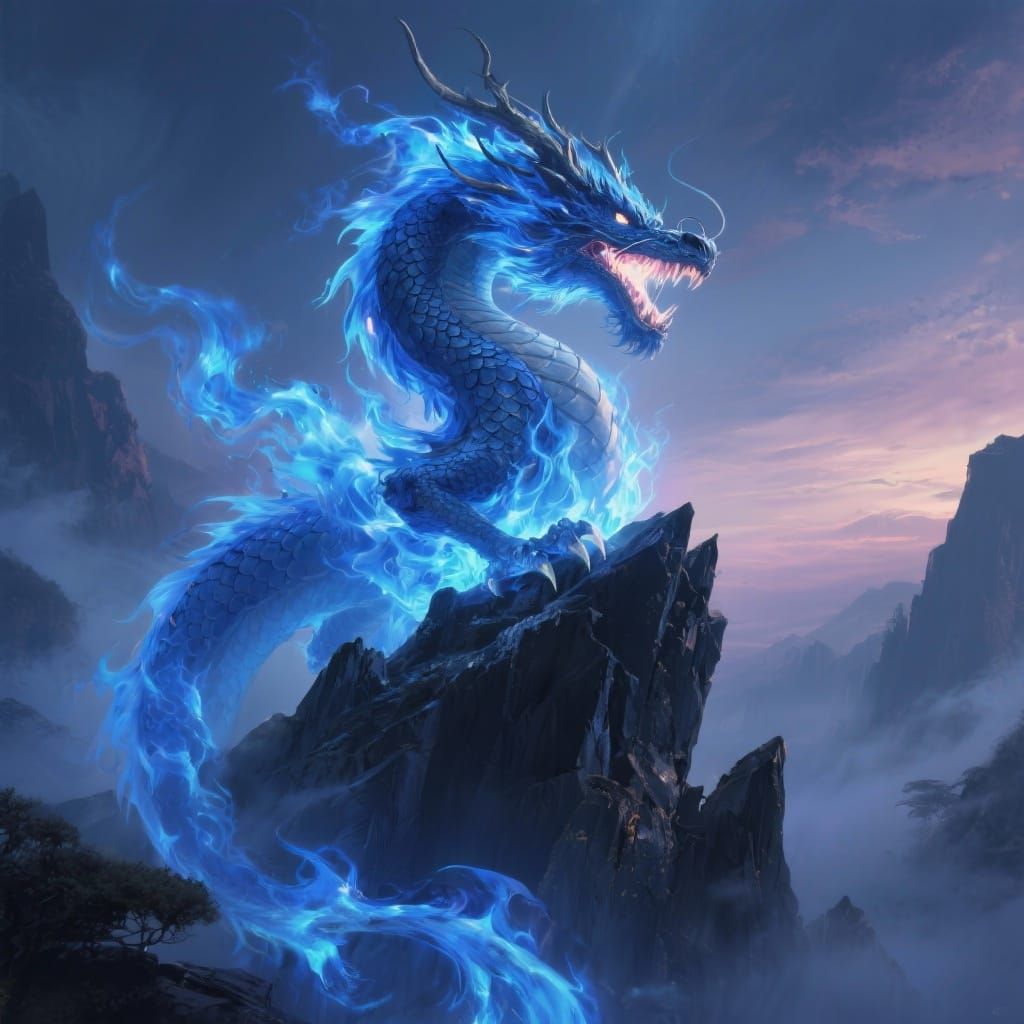 Majestic Blue Dragon Perched on Obsidian Peak