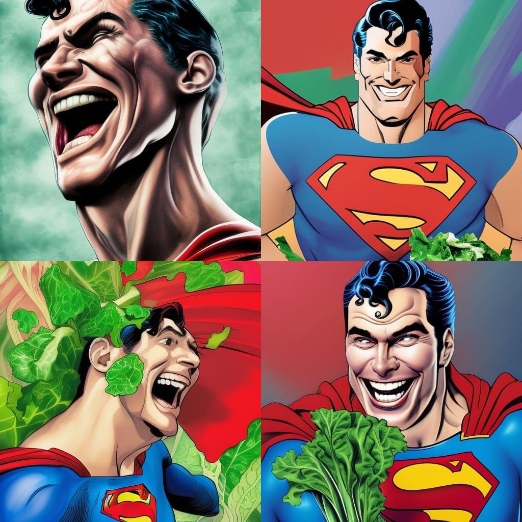 Hyperrealistic Superman Laughing and Eating Salad