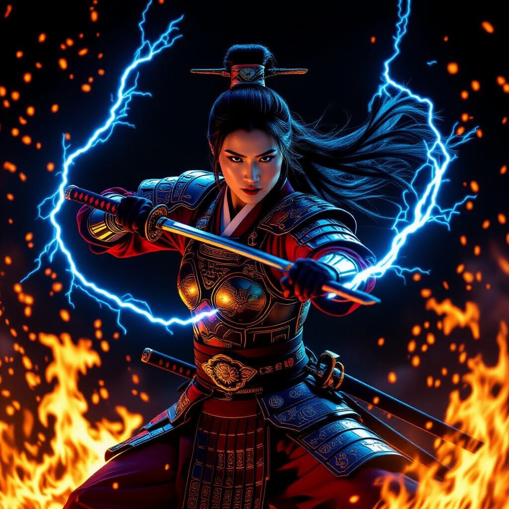 Chinese Warrior in Fiery Electric Combat