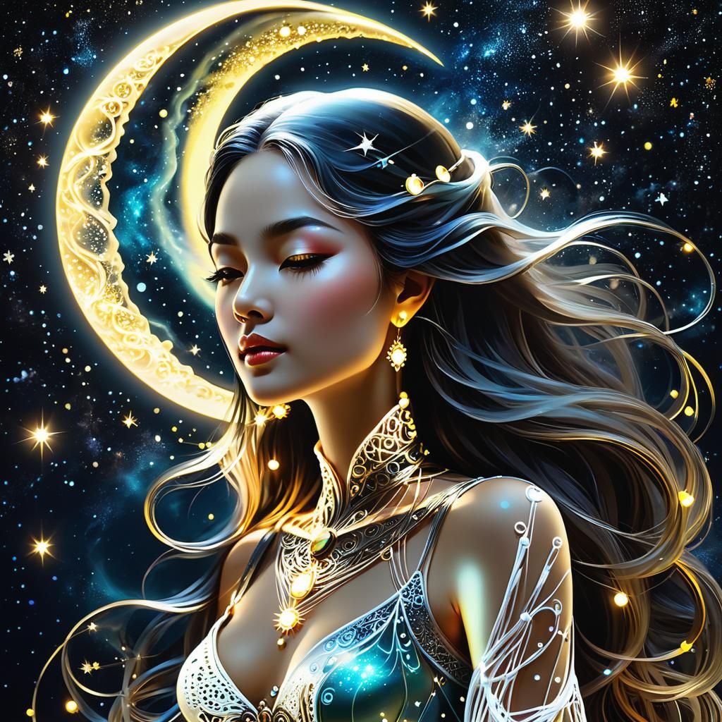 Luminous Moon Woman in String Art Style