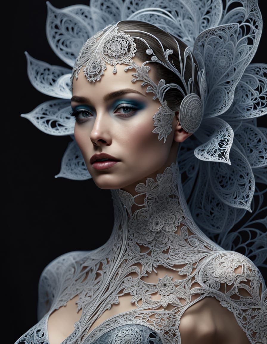 Intricate Fractal Cyborg in Metallic Lace: Digital Render