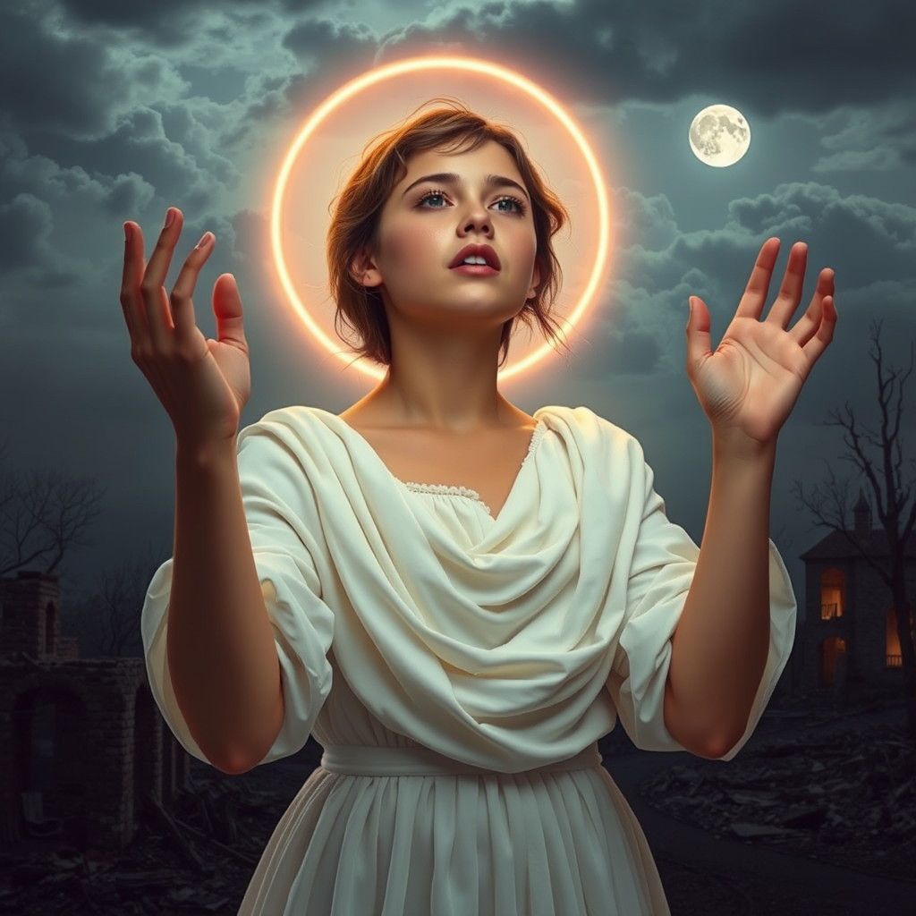 Teenager Singing for World Peace in Apocalyptic Landscape