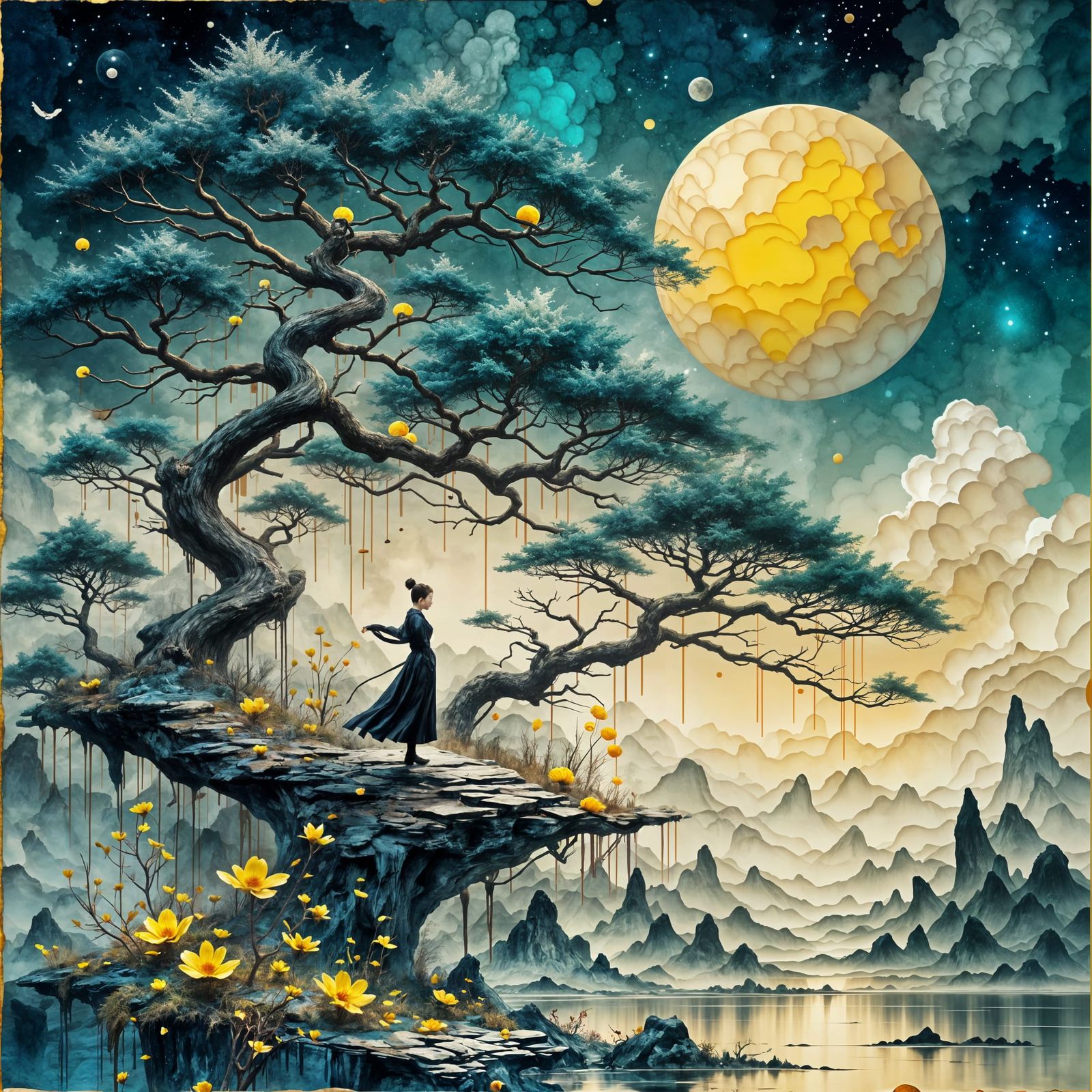 Old Tree Under Golden Moon in Chinese Ink Painting