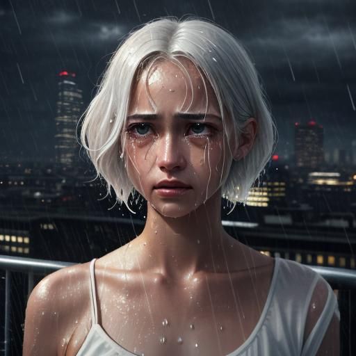 Sad Man Crying on Rooftop in Photorealistic Style