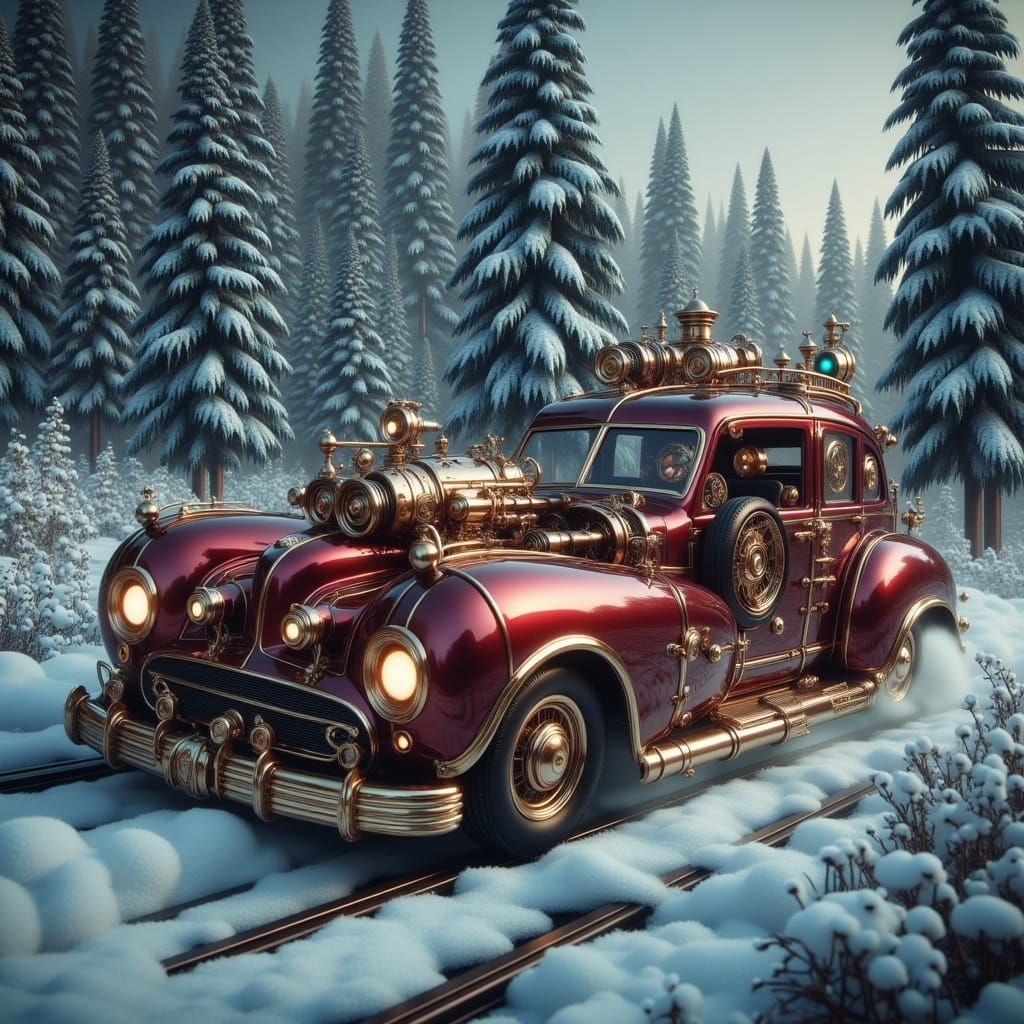Luxurious Steampunk Wagon Car Speeds Through Winter Forest