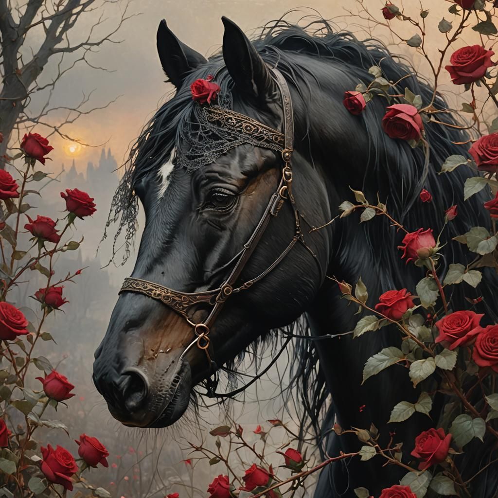 Black horse and red roses