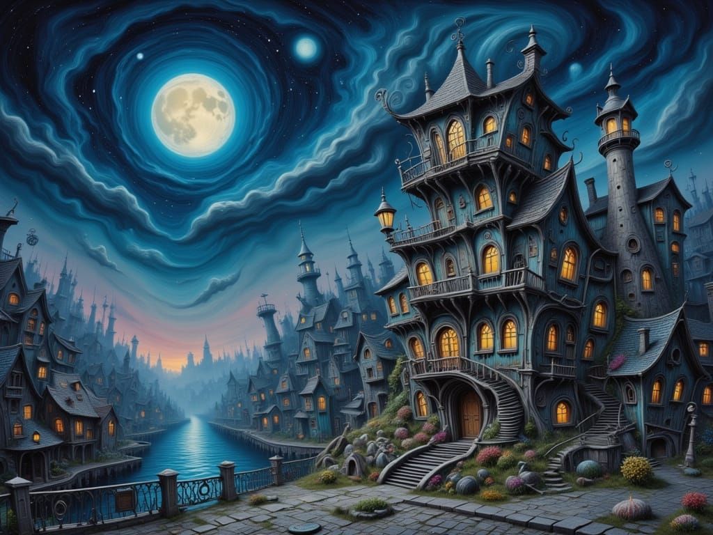 Dieselpunk Lighthouse Overlooking Harbor at Midnight