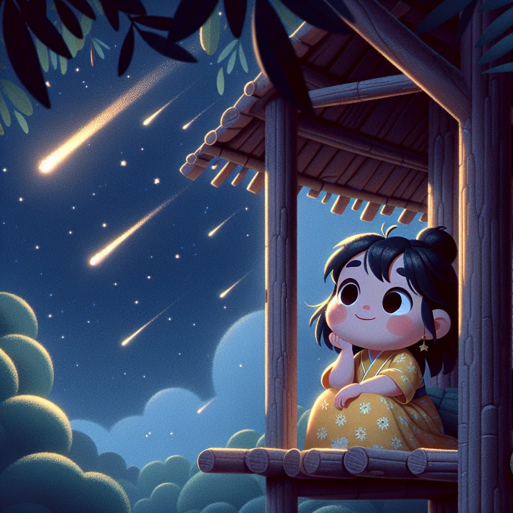 Disney Pixar style 3D adorable little girl, sitting in a treehouse at night, wearing a dress in shades of yellow, watchi...