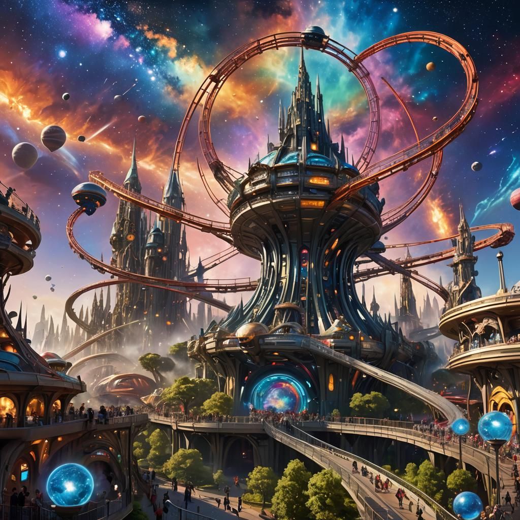 Otherworldly Theme Park Among the Stars in Cyberpunk Style