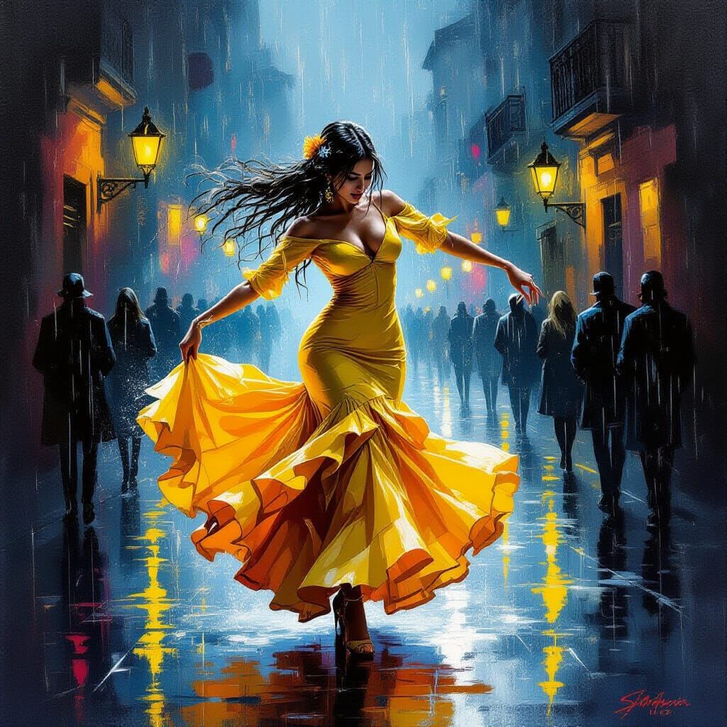 Flamenco Dancer in Yellow Rain Amidst Dark City Streets