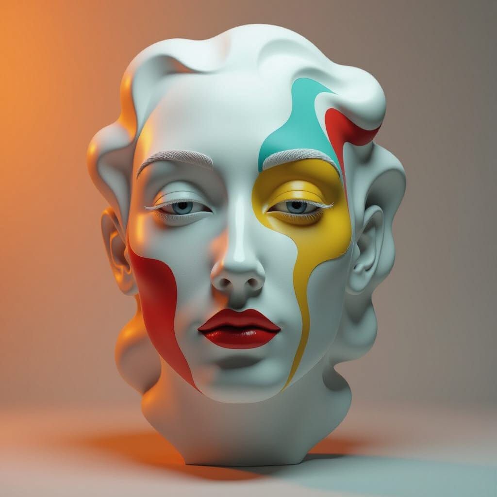 Surreal Abstract Face with 3D Effect and Bold Curves