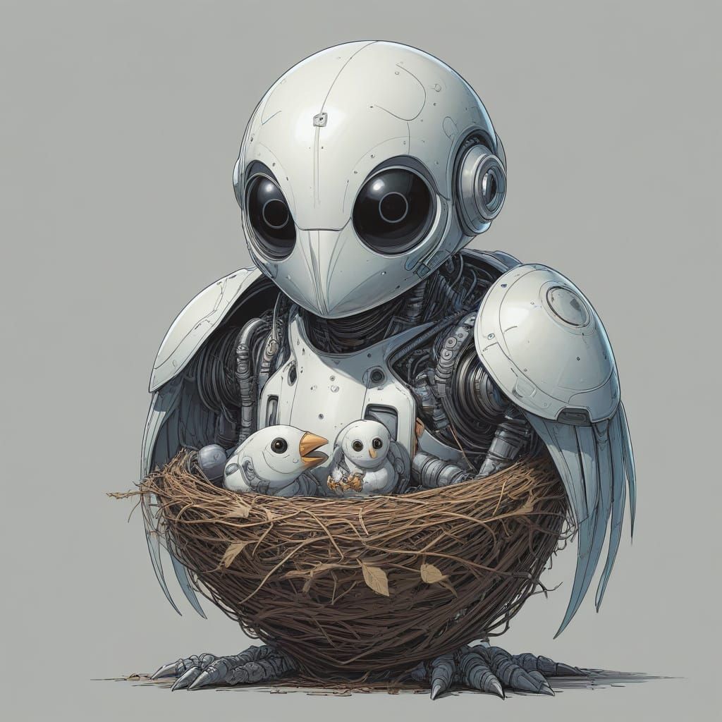 Sleek Robot Bird Family in Cozy Nest