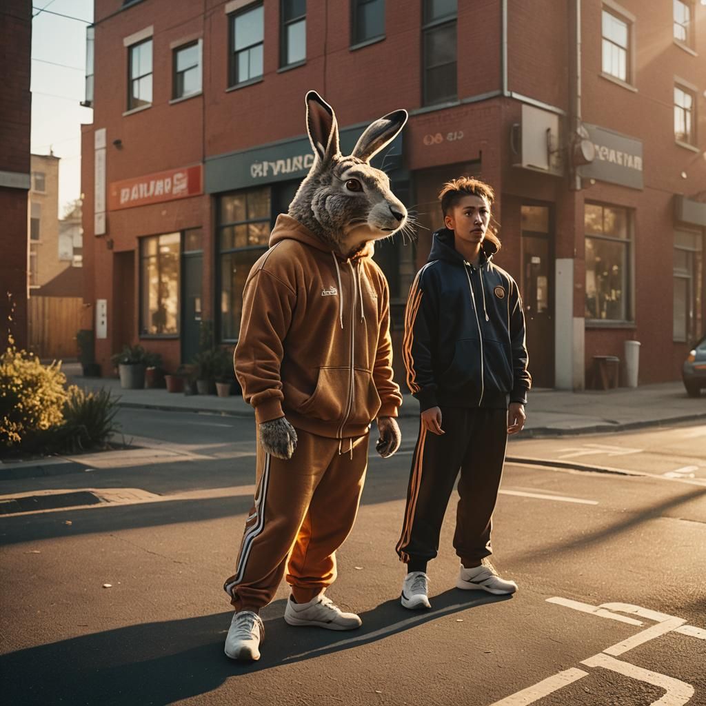 Hare and Bear Jocks in Tracksuits: Cinematic Film Still