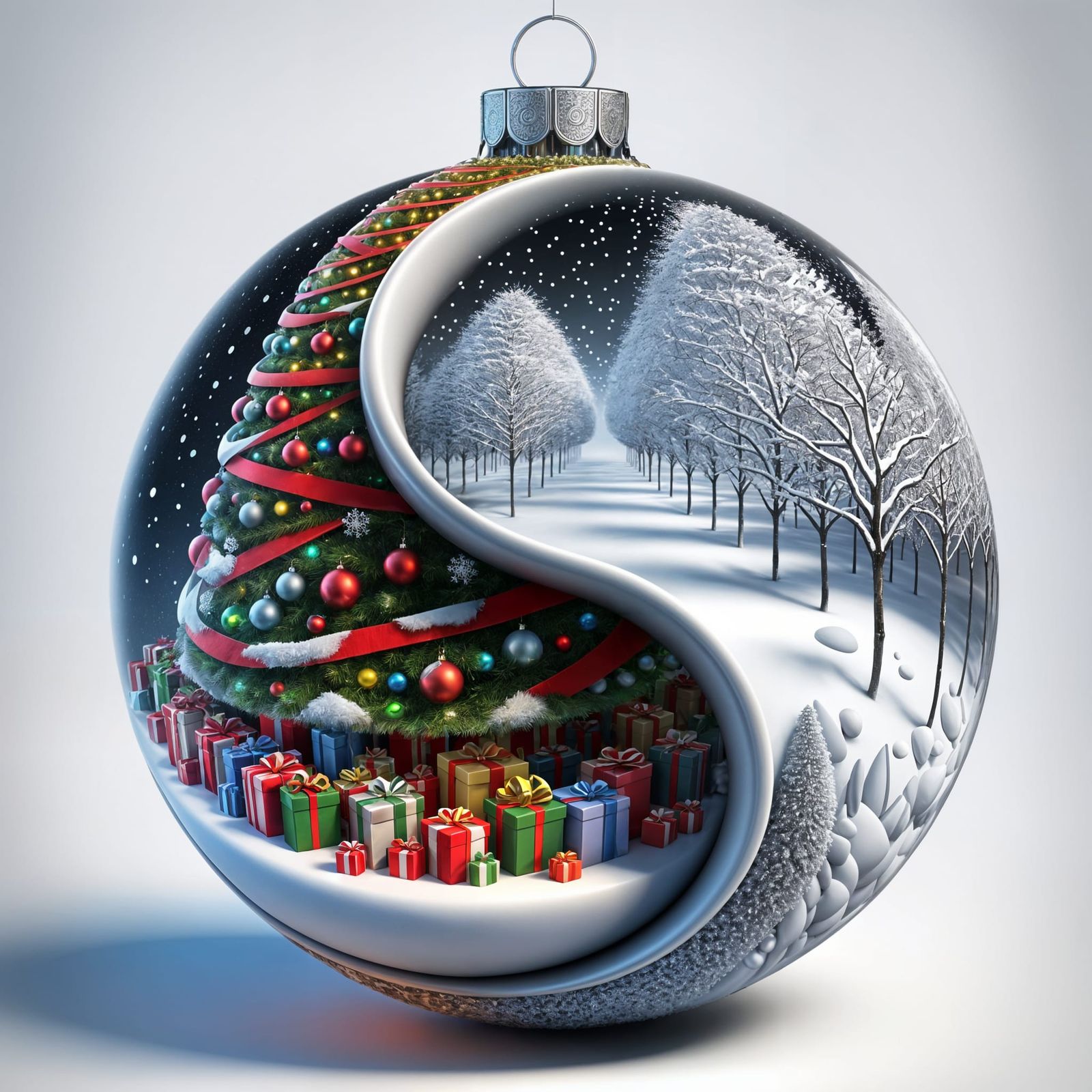 Yin Yang Christmas Bauble With Winter Scene