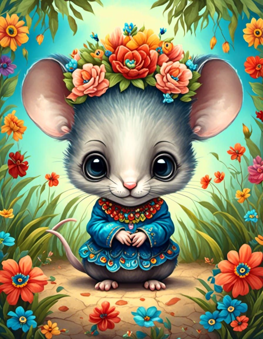 Frida Kahlo Inspired Chibi Mouse in Watercolor Style