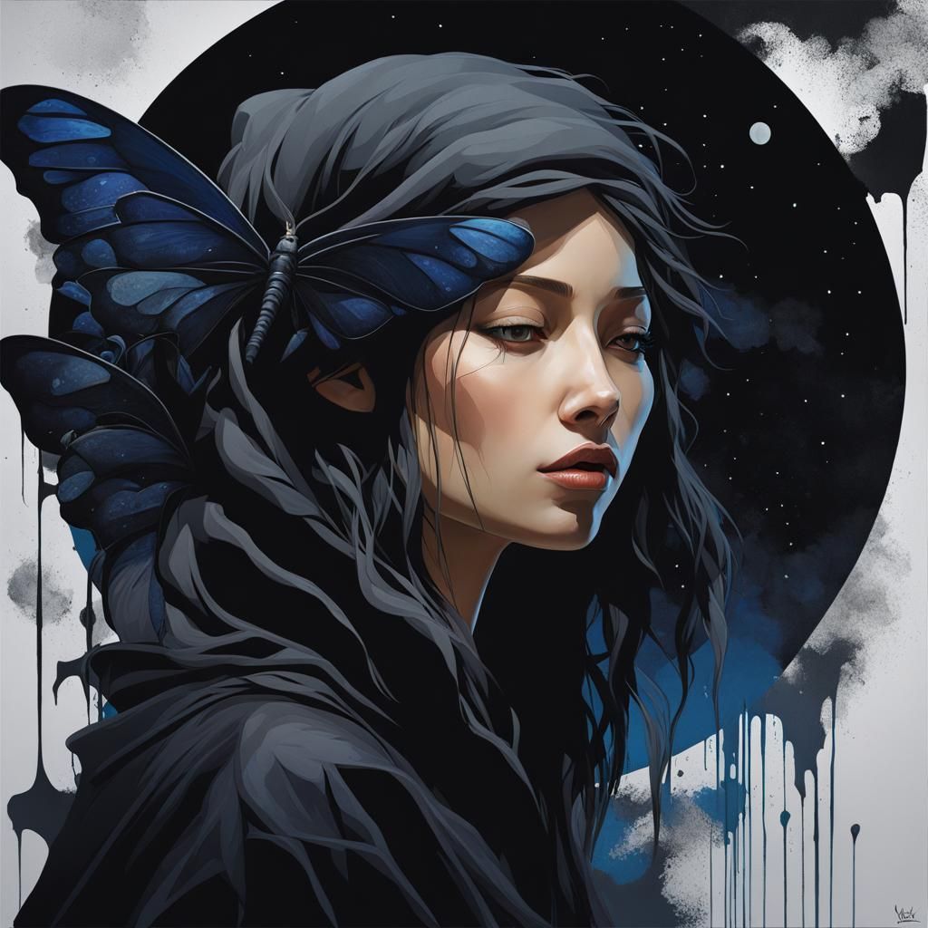 Moonlit Woman with Moths in Graffiti Art