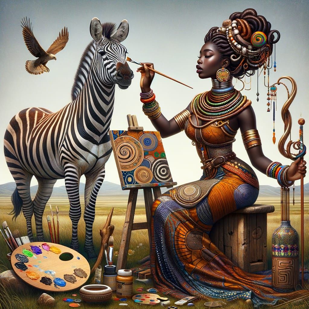 African Woman Painting Zebra, Art Nouveau Style