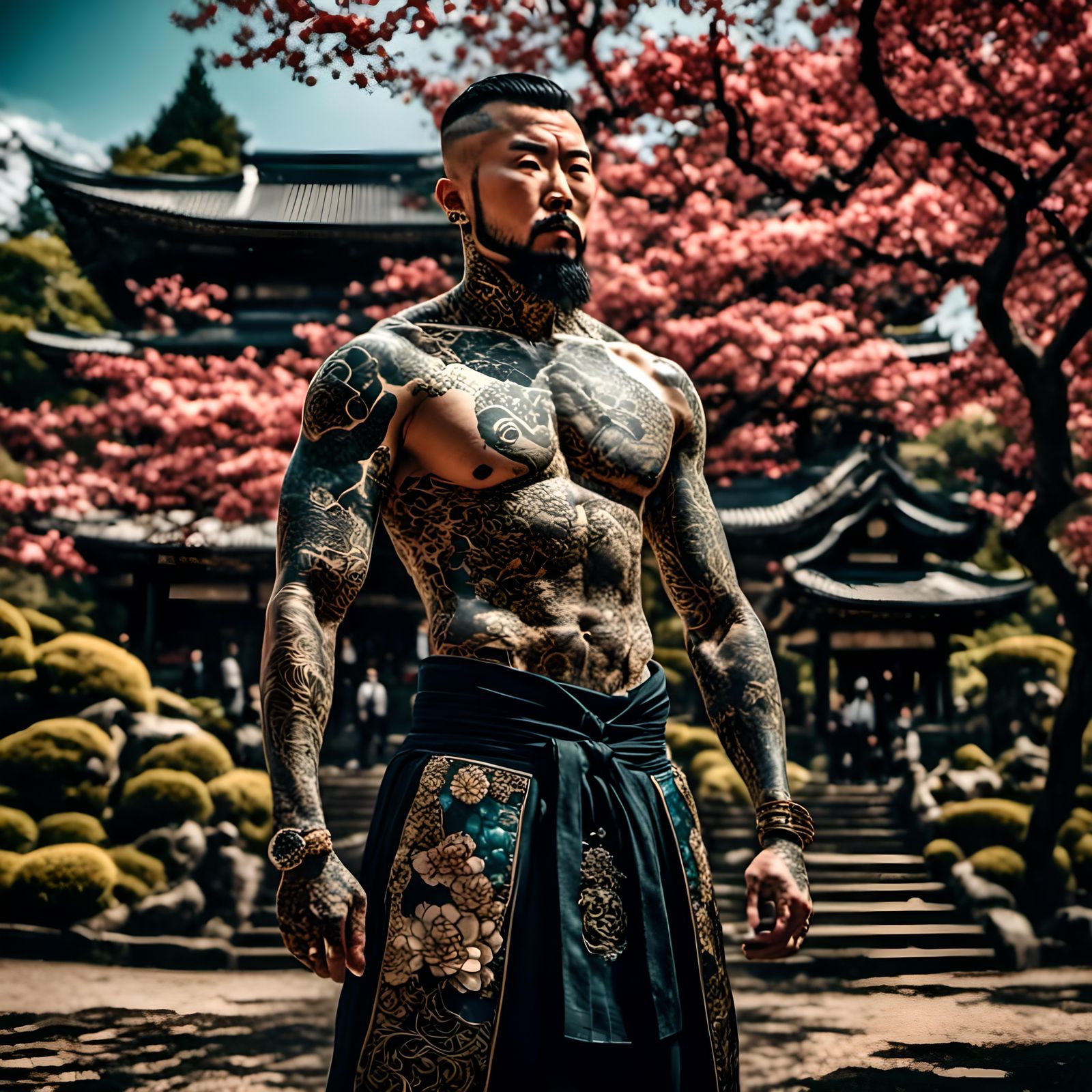 Yakuza Leader in Japanese Garden with Cherry Trees