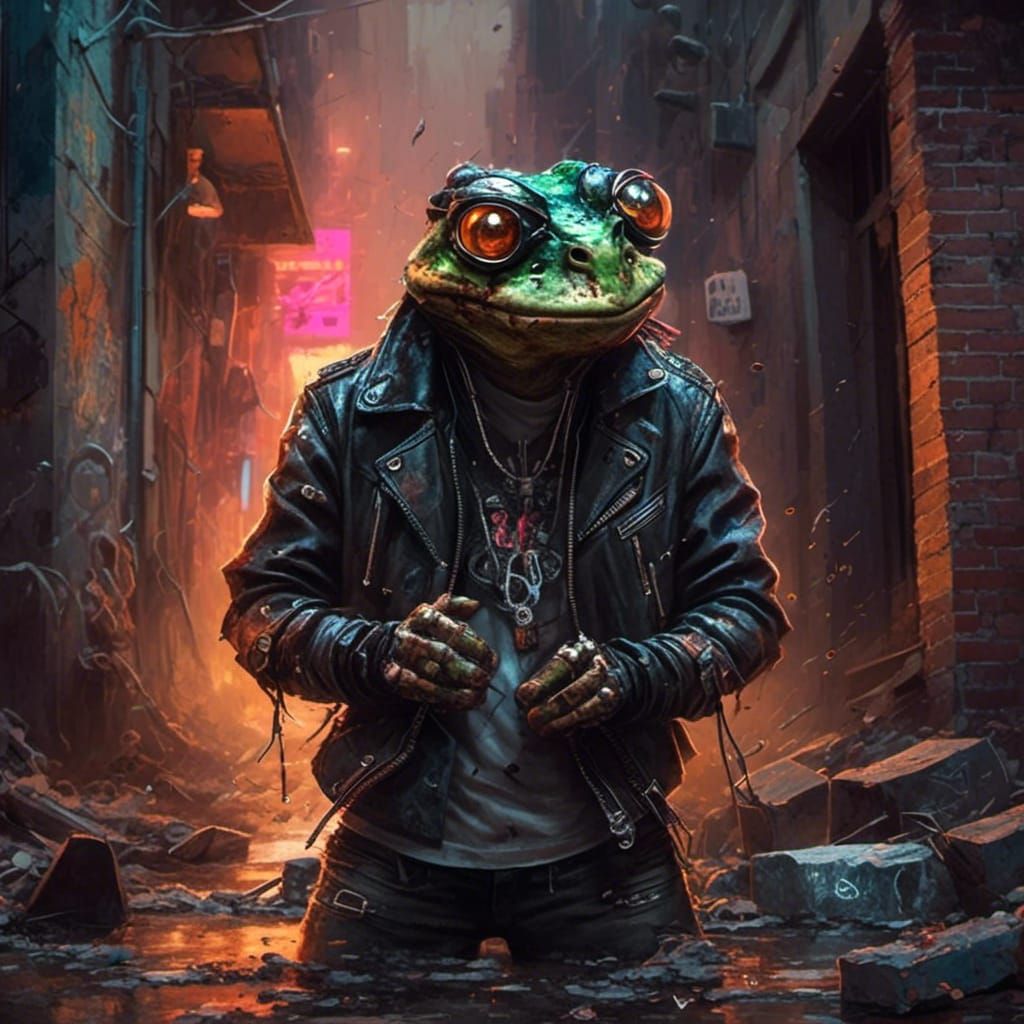 Cyberpunk Frog Biker in Dark Alley
