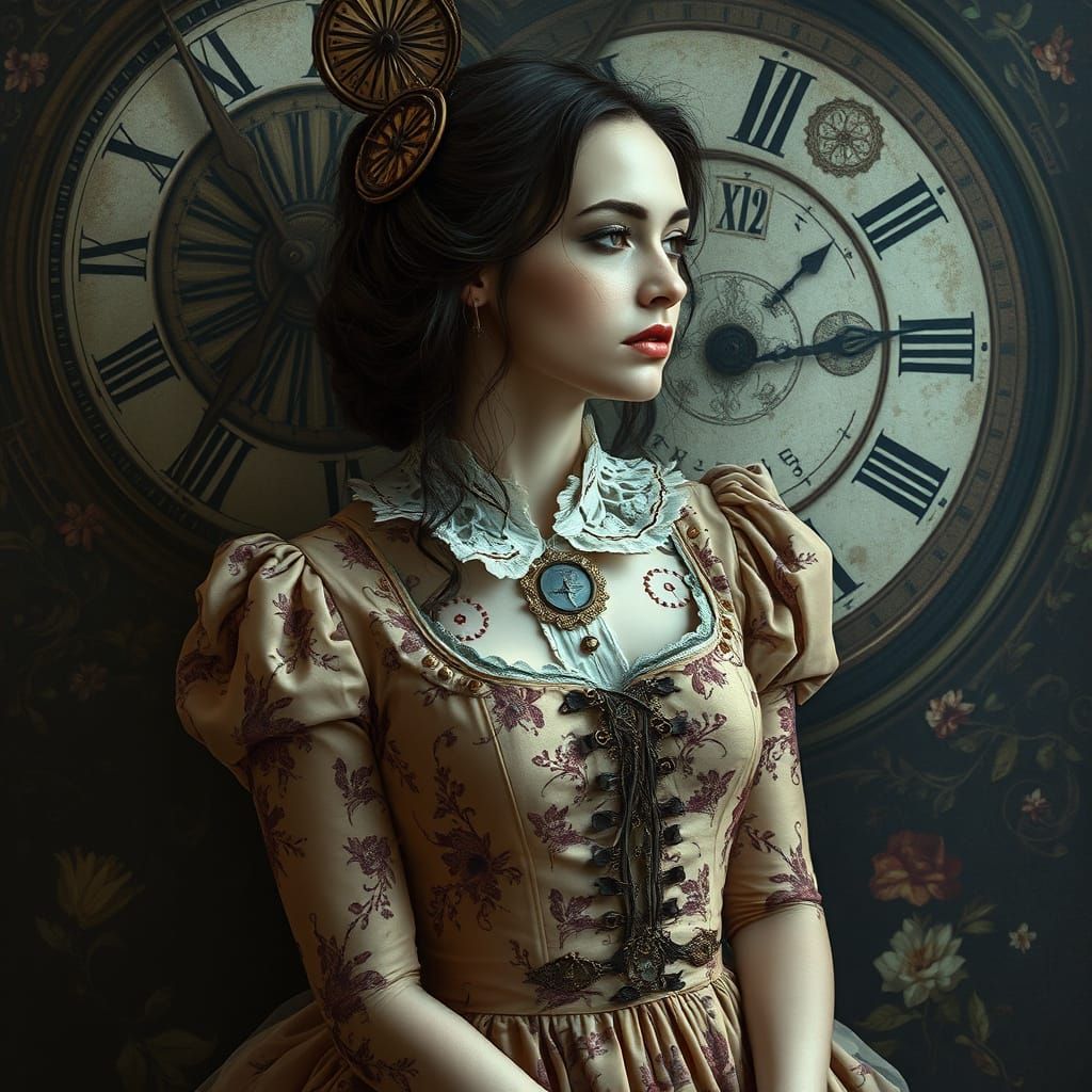 Victorian Woman with Clockwork, Macabre Digital Art